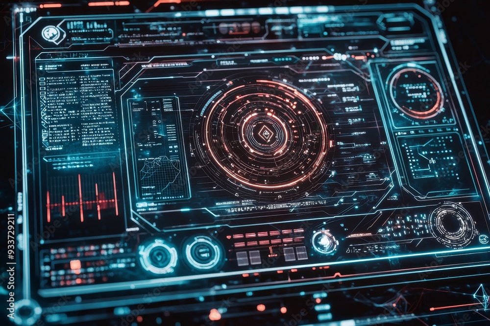 Aufkleber hud interface with hologram elements, neon lights, and circles to represent a percentage of vitality