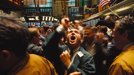 a scene on a stock exchange with traders reacting emotionally to market changes. A middle-aged man in a suit, hands raised, directs the excitement. Surrounding traders react in a similar manner,