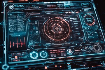 Fototapeta premium HUD interface with hologram elements, neon lights, and circles to represent a percentage of vitality in a hi-tech future design.