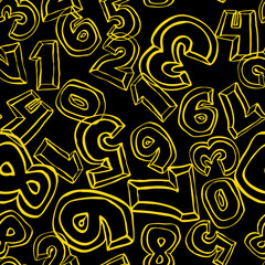 Hand drawn numbers seamless pattern for digital background, wallpaper and textile print. Cartoon style drawing. Education and finance theme, school lettering 