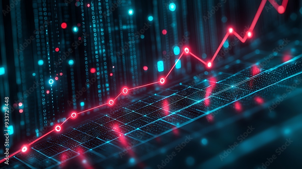 Poster abstract technology background with red line graph and blue lights