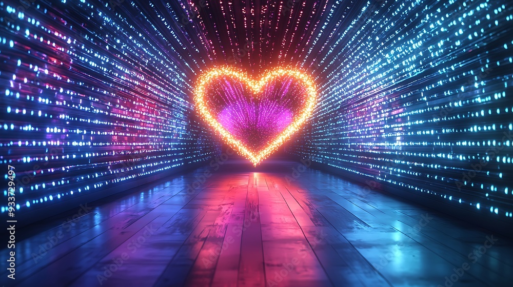 Poster neon heart lights in a glowing tunnel with an abstract background