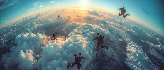 Eight skydivers soar amidst a sunset-lit sky, dressed in black amid luminous clouds. Their diverse orientations against a blue backdrop evoke exhilaration and freedom.