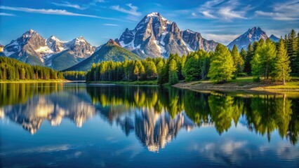 Obraz premium Serene morning scene at Jackson Lake, Grand Teton National Park, with majestic mountains reflected in calm waters, surrounded by lush green forest.