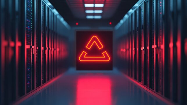 Data center server racks illuminated by red neon lights with a futuristic warning symbol.