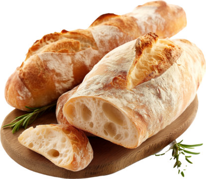 Freshly baked rustic baguettes with a golden crust and a dusting of flour, placed on a wooden cutting board.  
 - Powered by Adobe