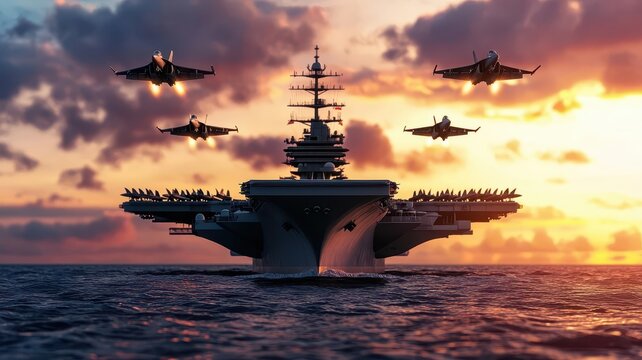Rear view of an aircraft carrier with jets taking off in sequence, hyper-detailed, power projection and military capability