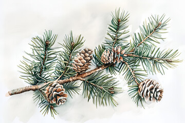 Watercolor painting of pine branches with pinecones, evoking a rustic and natural winter holiday atmosphere