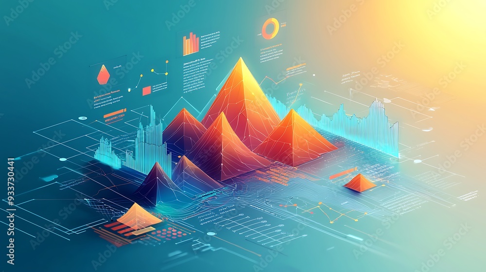 Poster abstract 3d data visualization featuring geometric shapes and graphs