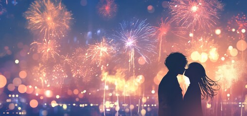 Anime Style Silhouettes of a Couple Watching Colorful Fireworks Against a Dreamy Night Sky with Sparkling Lights