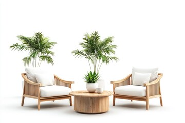 Two Wooden Chairs and a Coffee Table with Plants Against a White Background