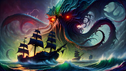 Dark fantasy scene showing Cthulhu the giant sea monster destroying ships, digital art style, illustration painting