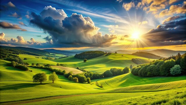 Serenene landscape featuring a lush green field with rolling hills under a bright blue sky with fluffy white clouds and a warm sunny glow.