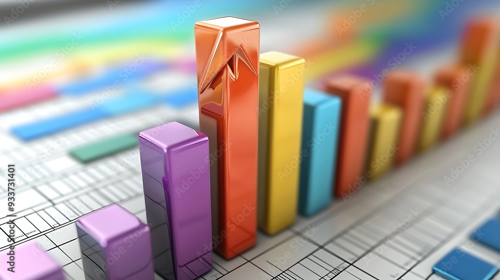 Poster 3d colorful bar graph with an arrow demonstrating growth and success