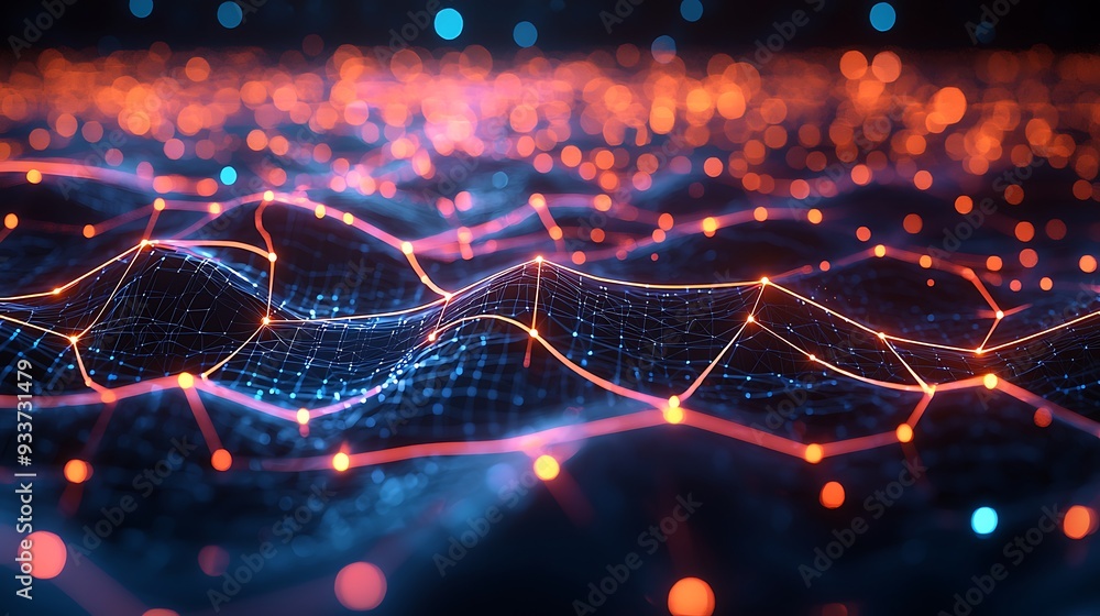 Poster abstract network technology background with glowing lines and bokeh effects