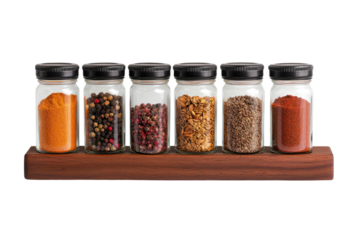 A collection of spice jars arranged on a wooden rack