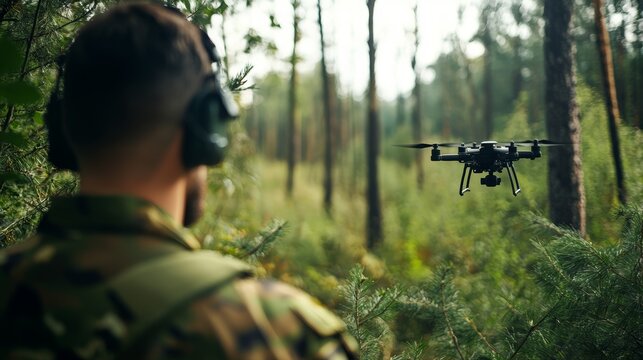 Military drone operator in the forest, concentrating on his equipment while the drone nearby silently navigates through the terrain
