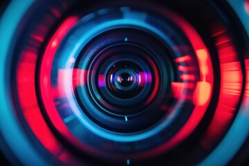 A close-up of a camera lens with vibrant red and blue lights in a neon color scheme. The atmosphere is futuristic and dynamic.