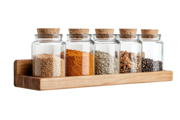 Stylish spice jars displayed on a wooden shelf
