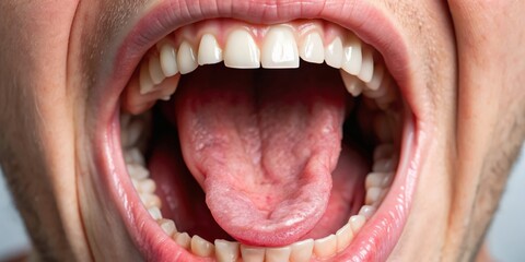 Obraz premium Closeup view of opened mouth with visible tonsils, medical, oral, throat, health, tonsillitis, body, anatomy