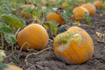 Ripe Pumpkins in a Patch with Green Vines and Leaves