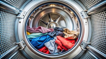 household chores, dryer, electrical, laundry care, home, freshness, utility, white, warm, Inside view of a tumble dryer with freshly laundered clothes spinning drying and tumbling around