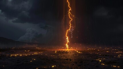 Lightning Strike on a Dark, Rainy Night - 3D Illustration