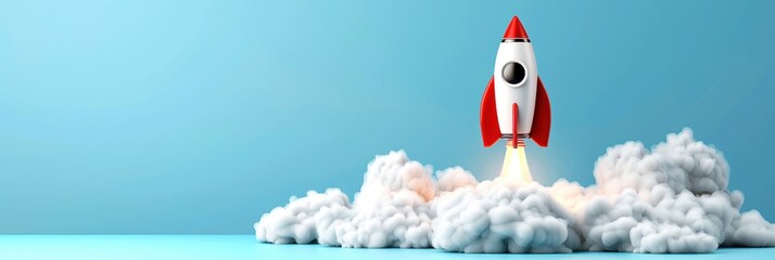 A red and white toy rocket launching into the sky with smoke beneath it, depicted against a blue background.