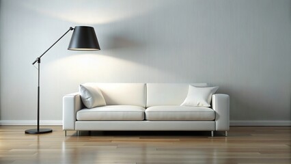 stylish, modern, comfortable, elegance, lighting, interior design, A modern and stylish white couch is accompanied by an asymmetrical black lamp creating a visually striking contrast