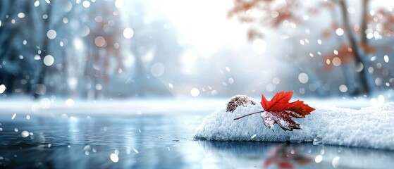 Fototapeta premium A vibrant red leaf rests on snow-covered ground by a frozen lake, with a dreamy winter forest background and soft snowfall.
