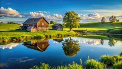 Serene rural landscape with a rustic farm surrounded by lush green fields and a calm body of water reflecting the clear blue sky.