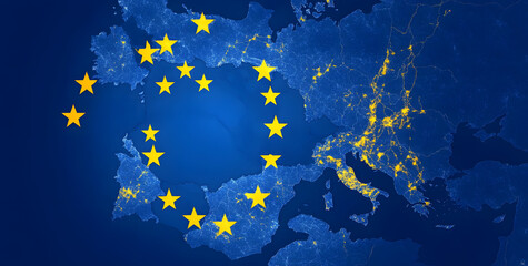 creative abstract background of the flag of the European Union, map with borders of Europe, EU