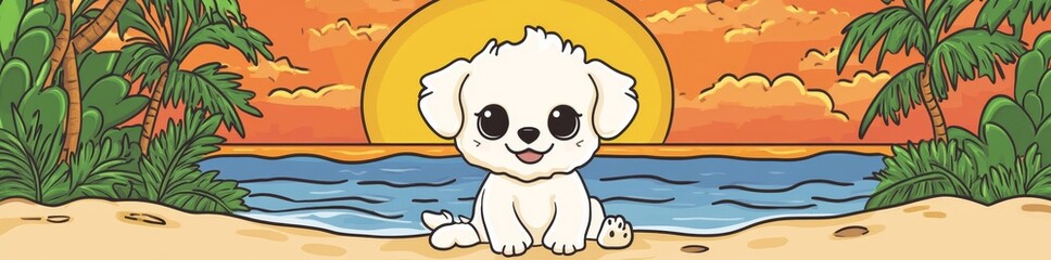 Fototapeta premium A cartoon cocker spaniel watches the sunset in this flat coloring page for a children's book