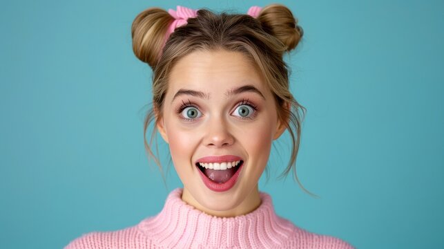 Cheerful young woman with pigtail hairstyle wearing pink sweater smiling excitedly against blue background.