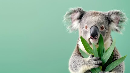 Fototapeta premium Cute koala sitting on a tree branch, eating green leaves on a solid green background. Perfect for nature and wildlife-themed content.