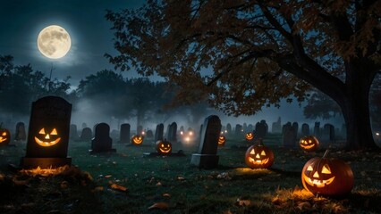 halloween pumpkin in the graveyard background with pumpkins