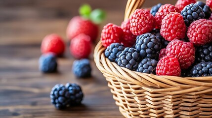Freshly picked organic berries in a wicker basket, farm-to-table berries, natural antioxidant boost