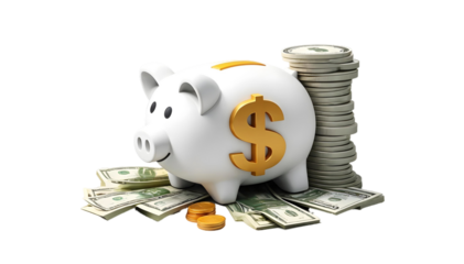 The image shows a white piggy bank with a dollar sign, surrounded by coins and bills, symbolizing savings and financial planning.