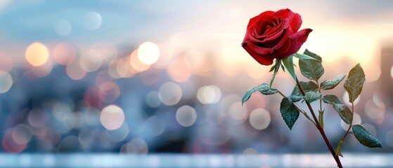 A stunning red rose against a blurred cityscape background, capturing the beauty of nature in an urban environment.