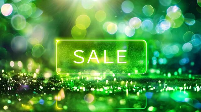 text SALE sign glowing on green sparkly background with bokeh