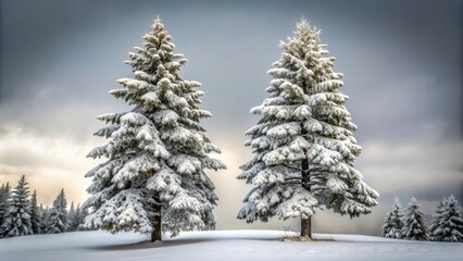 Obraz premium Two tall snow-covered pines against a grey sky, winter, snowy, nature, trees, cold, frost, outdoor, wilderness