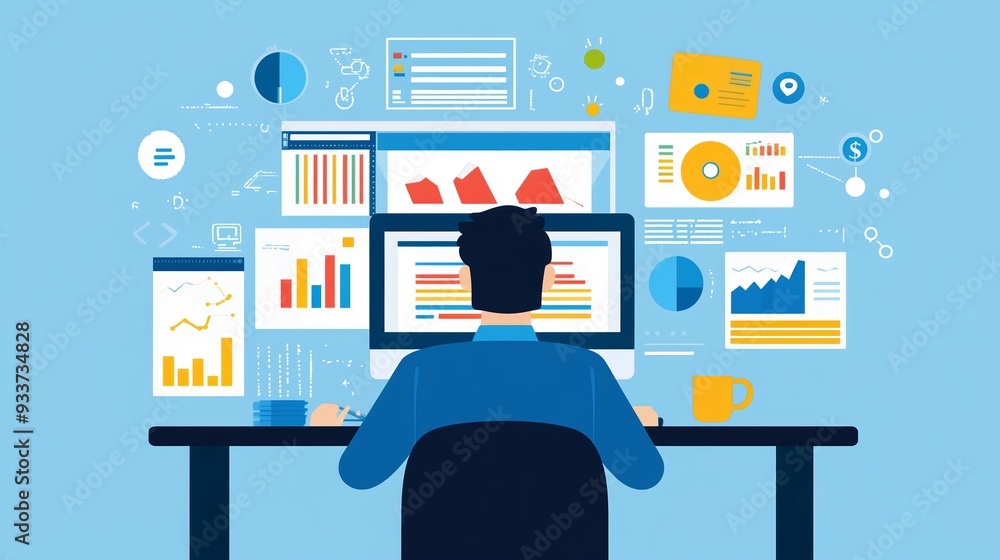 Poster person analyzing data on a computer surrounded by colorful charts and graphs in a modern workspace d
