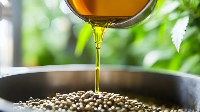 A close up photograph showcasing the cold press extraction of premium hemp seed oil  The image depicts a specialized machine extracting the oil from the hemp seeds with the rich