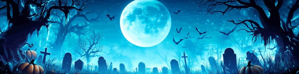 The graveyard is filled with Halloween greetings under the moonlight