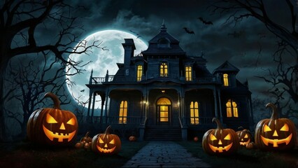 Fototapeta premium halloween house with pumpkin and bats full moon midnight darkness background