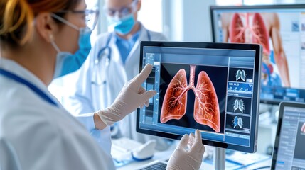 Doctors examining a detailed lung scan on a computer screen in a modern medical facility, focusing on respiratory health and diagnostics.