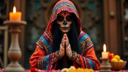 Woman in Day of the Dead Makeup Praying