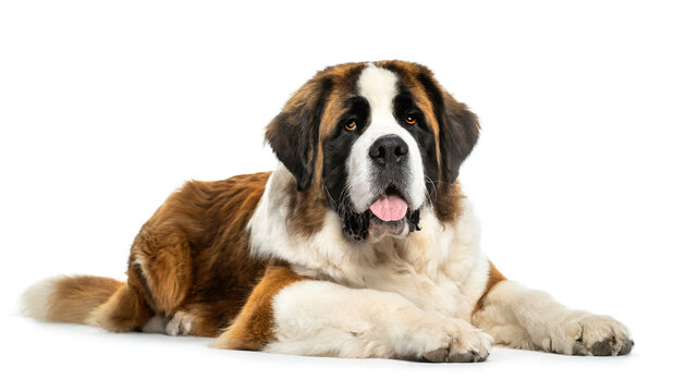 Bernhardiner hund liegend isoliert auf wei&szlig;en Hintergrund, Freisteller