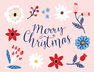 Merry Christmas greeting card template, hand calligraphy inscription, floral frame, flat vector illustration