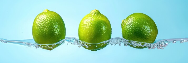 Three fresh green limes floating in clear water with a light blue background, capturing a...